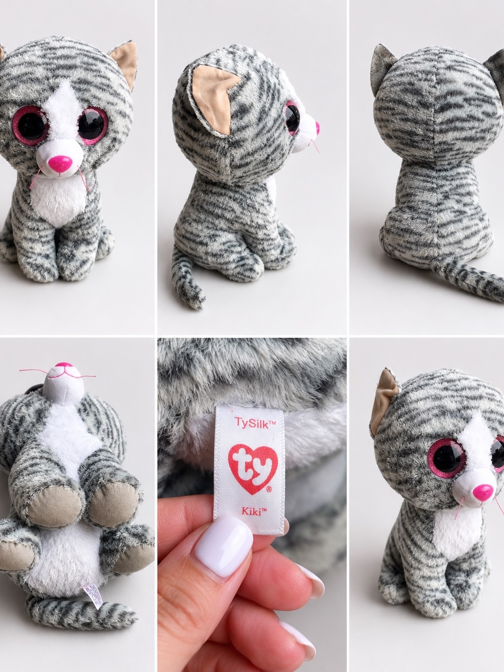 Ty Kiki Gray Striped Plush Cat with Pink Eyes and Nose